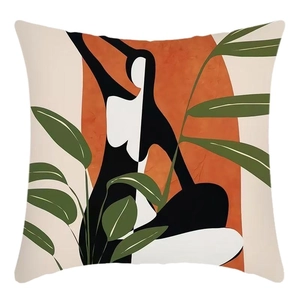 Modern abstract geometric leaf pillow cover with artistic female silhouette and orange blocks
