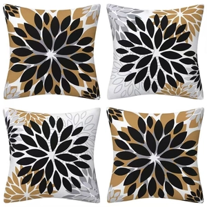 Juego de 4 fundas de cojín cuadradas con motivos florales y geométricos en negro y dorado