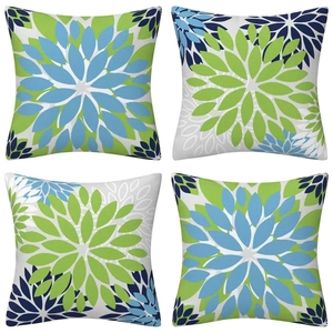 Juego de 4 fundas de cojín cuadradas con motivos florales azul y verde sobre blanco