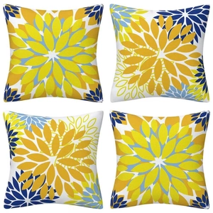 Juego de cuatro fundas de cojín con motivos de girasol en colores amarillo y azul
