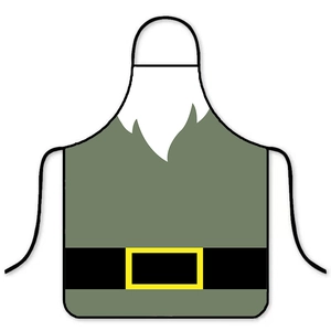 Detailed flat lay of a green Christmas elf apron with black belt and yellow buckle detail