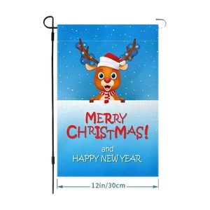 Christmas garden flag with cartoon reindeer and black metal stand for holiday lawn decor