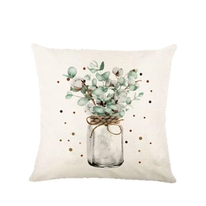 Housse de coussin carrée en coton et lin avec motif d'eucalyptus et de coton