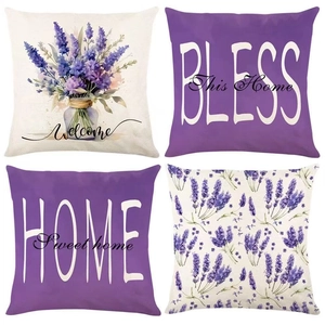 Pastoral Lavender Daisy Floral Print Linen Blend Decorative Throw Pillow Case For Home Office Sofa Living Room Cushion Cover