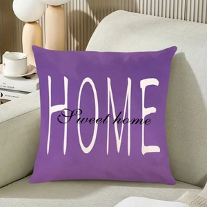 Lavender purple Home Sweet Home floral print linen pillow cover on a cozy sofa