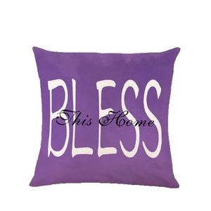 Purple linen pillowcase with white BLESS and black This Home printed text design