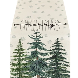 Chemin de table de Noël avec sapins verts, flocons et texte Merry Christmas