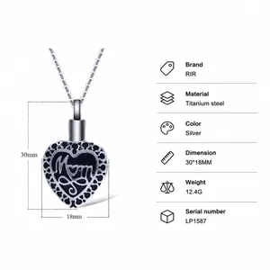 Detail view of heart-shaped urn necklace with Mom engraving and precise product dimensions