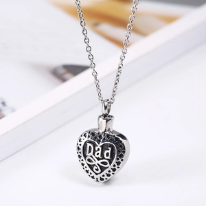 Roestvrijstalen hartvormige urn ketting met Dad gravering en oneindigheidssymbool set