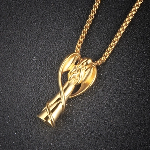 Golden stainless steel angel pendant necklace with 3D wings and classic box chain