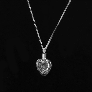 Collana per ceneri cuore in acciaio inox argento con incisione Mom e infinito