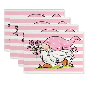 Set di 4 tovagliette pasquali a righe rosa con motivo gnomo e trama lino