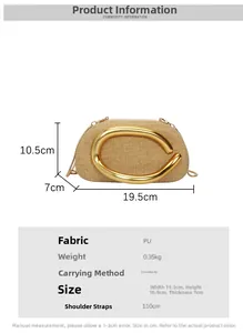 Detailed size and material chart for woven straw PU bag with gold ring handle and dimensions