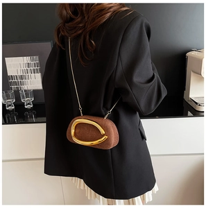 Detail of a brown fabric evening bag with large gold metal ring handle and chain strap