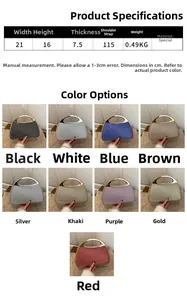 Detail showcasing dimensions and nine vibrant color options for the studded chain handbag
