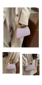 Detailed views of a light purple rhinestone clutch with gold handle and chain strap