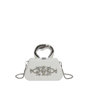 Elegant white box evening bag with silver fluid metal handle and crystal patterns