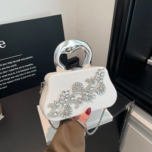 Rhinestone Flower Evening Bag PU Leather Clutch With Curved Metal Handle And Detachable Chain Strap For Wedding Party