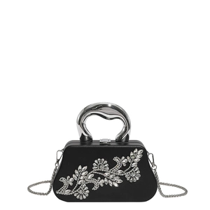 Elegant black evening bag with crystal floral pattern and modern silver metal handle