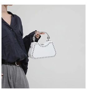 Detail of white hardshell bag with silver studs and lion head embossed metal handle