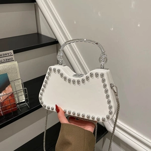 Women Fashion Box Bag Rivet Decor PU Leather Handheld Crossbody Bag With Metal Handle Chain Strap Small Square Bag