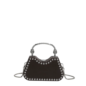 Vintage brown trapezoid handbag with silver rivets and carved metal handle and chain