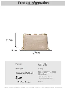 Size chart showing acrylic chain bag dimensions 17x11x5cm with crossbody strap length