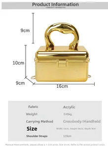 Detailed size chart and dimensions of the gold acrylic mirror evening clutch bag