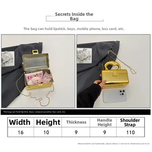 Size chart for acrylic gold box bag showing dimensions and crossbody strap length