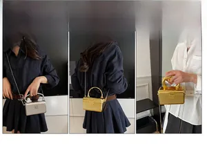 Metallic acrylic clutch bag shown in handheld and crossbody styles with chain strap