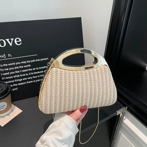 Stroh Gewebte Umhängetasche Für Damen Mit Goldenem Metallgriff Und Kette Bohemian Sommer Strand Handtasche Abend Clutch Tasche
