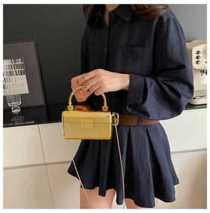 Golden acrylic box bag with metallic handle and chain strap shown in a fashion setting