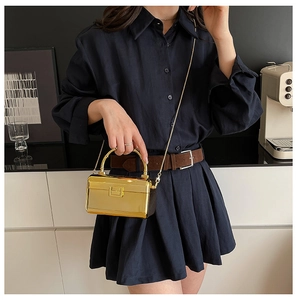 Chic gold acrylic box bag with a metal handle and chain strap shown in a lifestyle setting