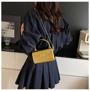 Chic gold acrylic evening box bag with chain strap shown on a model in a modern setting