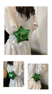 Three views of a bright green star-shaped crossbody bag with a gold chain strap