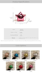 Star-shaped metallic crossbody bag details with dimensions and various color options