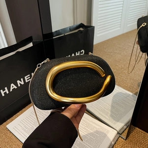 Women's Luxury Woven Texture Evening Clutch Bag With Gold C-Shape Metal Handle Fashion Chain Shoulder Crossbody Handbag