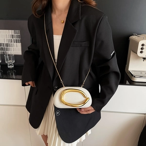White semi-circular luxury handbag with large gold C-clasp and elegant gold chain strap
