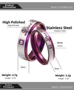Detailansicht von 6mm und 4mm Titanstahlringen mit Zirkon-Inlay und Love-Gravur