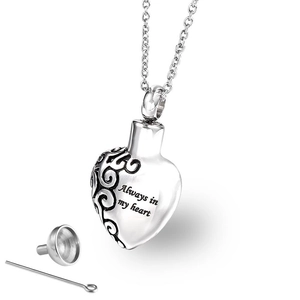 Stainless Steel Heart Cremation Urn Pendant Necklace Always In My Heart Engraved Memorial Jewelry For Ashes Men Women