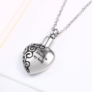 Heart shaped stainless steel cremation urn necklace with Always in my heart engraving