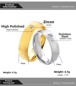 Détail des bagues de couple en acier inoxydable poli de 6mm avec sertissage zircon