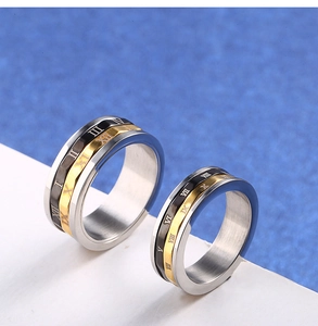 Macro view of rotating Roman numeral spinner ring in silver, black and gold steel