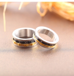 Detail of titanium steel rings with rotating bands featuring roman numerals engraving