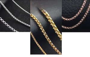 Detail of box chain necklaces in silver, gold, and rose gold stainless steel finishes