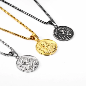 Religious coin pendant necklaces in gold, silver, and gunmetal stainless steel finishes