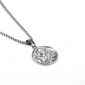 Religious saint coin pendant necklace in silver stainless steel with box chain link