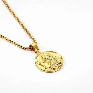 Gold stainless steel coin pendant necklace with embossed saint design and box chain