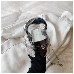 Macro view of mirror silver cylindrical acrylic box bag with sleek metal texture finish