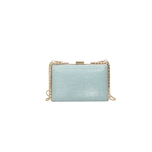 Elegant light blue glitter evening clutch bag with gold chain and metal frame
